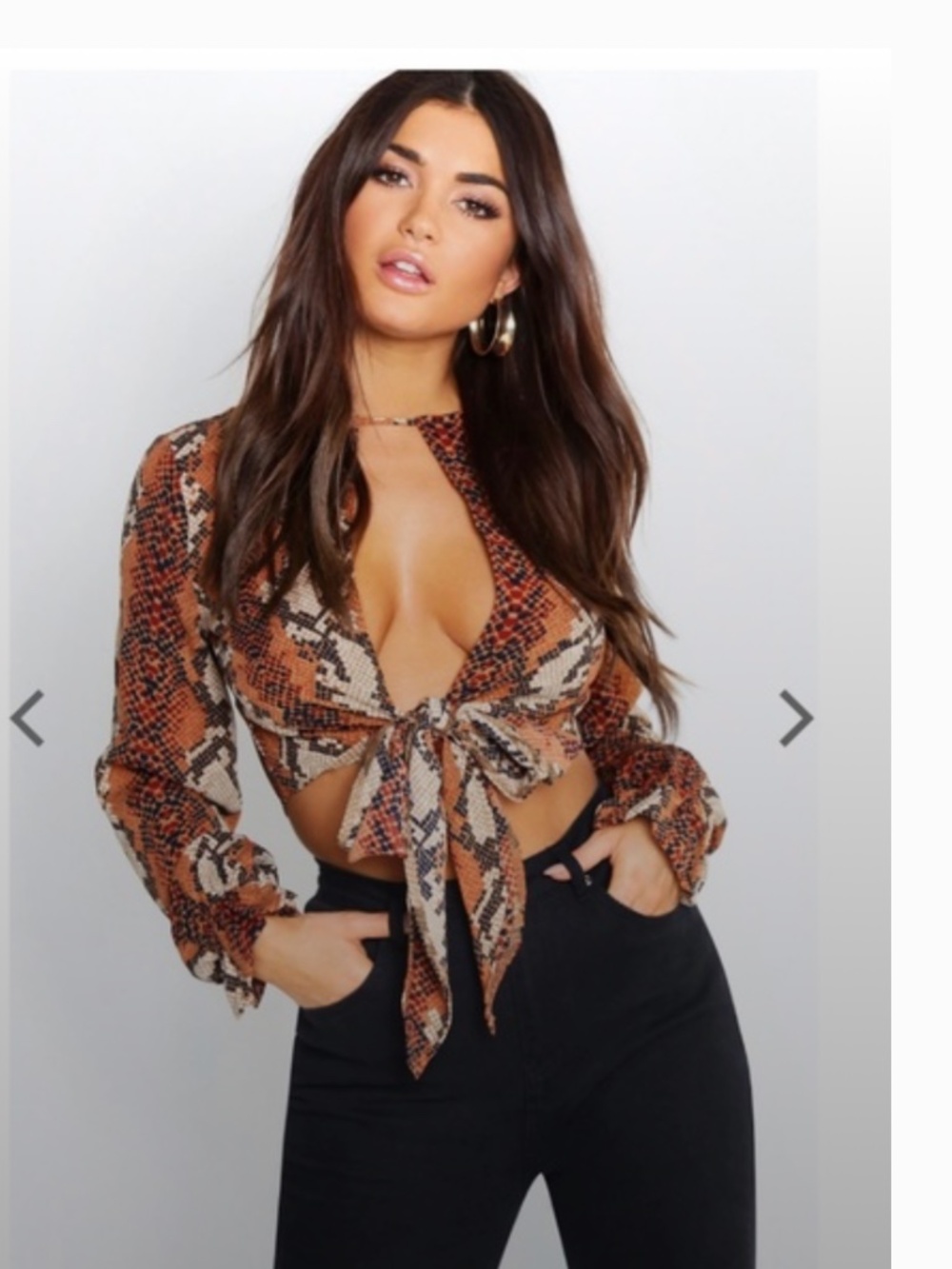 Boohoo Snake Print Tie Front Ruffle Cuff Crop Top Size 4